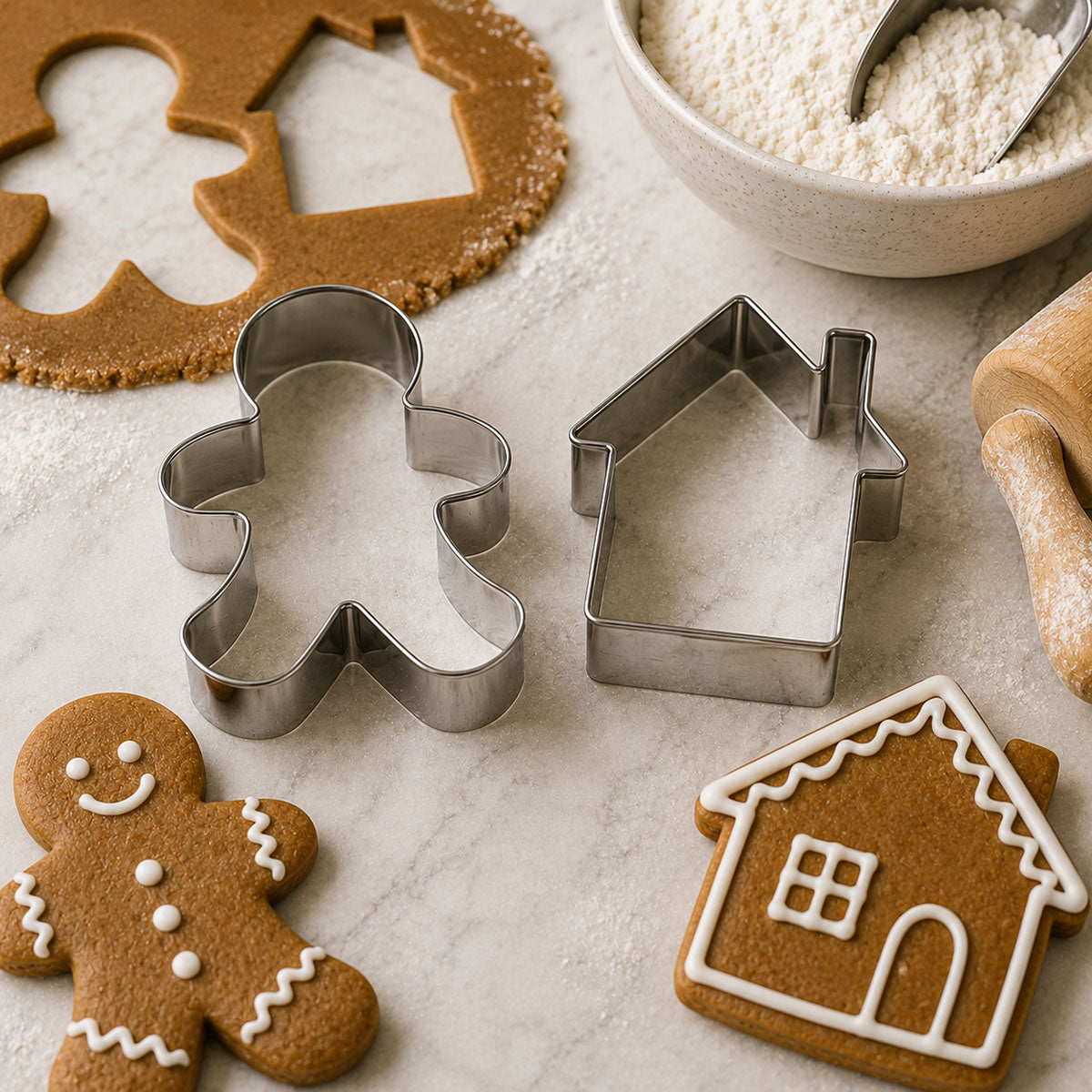 Gingerbread cookie cutters and decorated cookies shaped like a gingerbread person and gingerbread house displayed on a floured baking surface with rolled dough and baking tools.