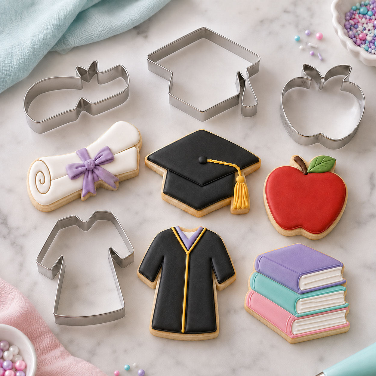 Graduation cookie cutters and decorated cookies featuring a diploma, graduation cap, apple, graduate gown, and stack of books.