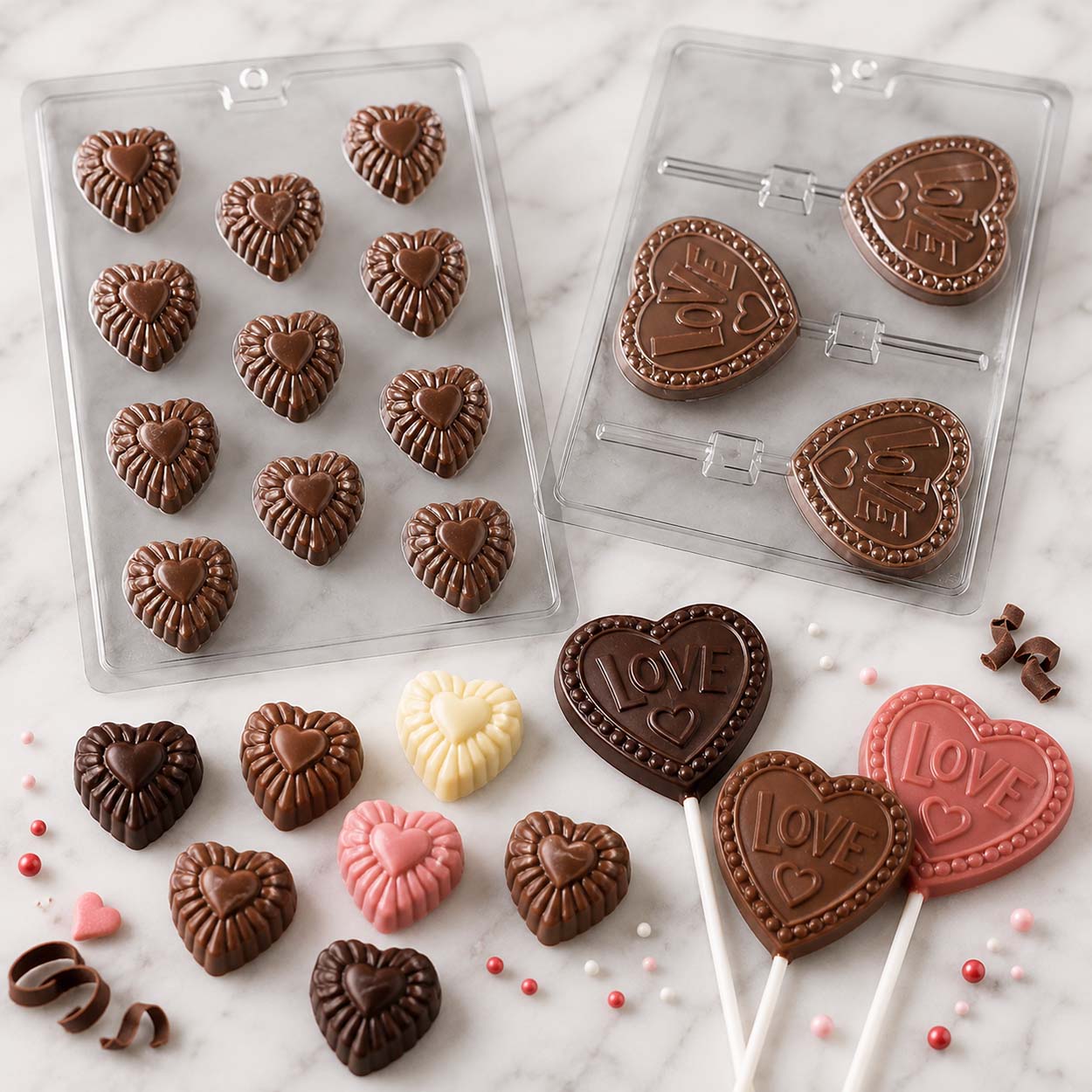 Heart-shaped chocolate candy and LOVE lollipop molds with finished chocolate hearts, Valentine lollipops, and assorted chocolate candies for Valentine's Day treats.