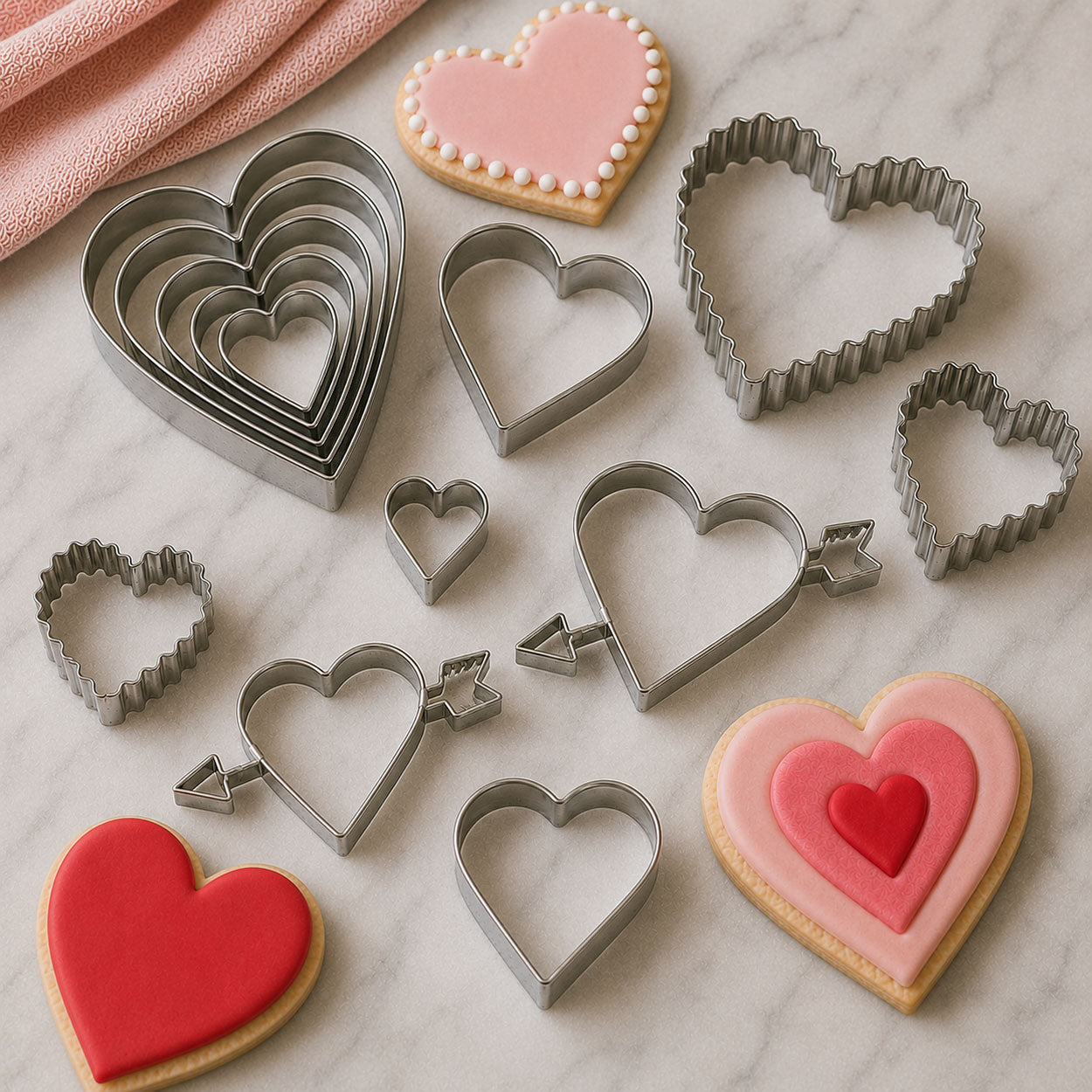 Heart-shaped cookie cutters in assorted sizes and styles displayed with pink and red decorated heart cookies for Valentine's Day baking.