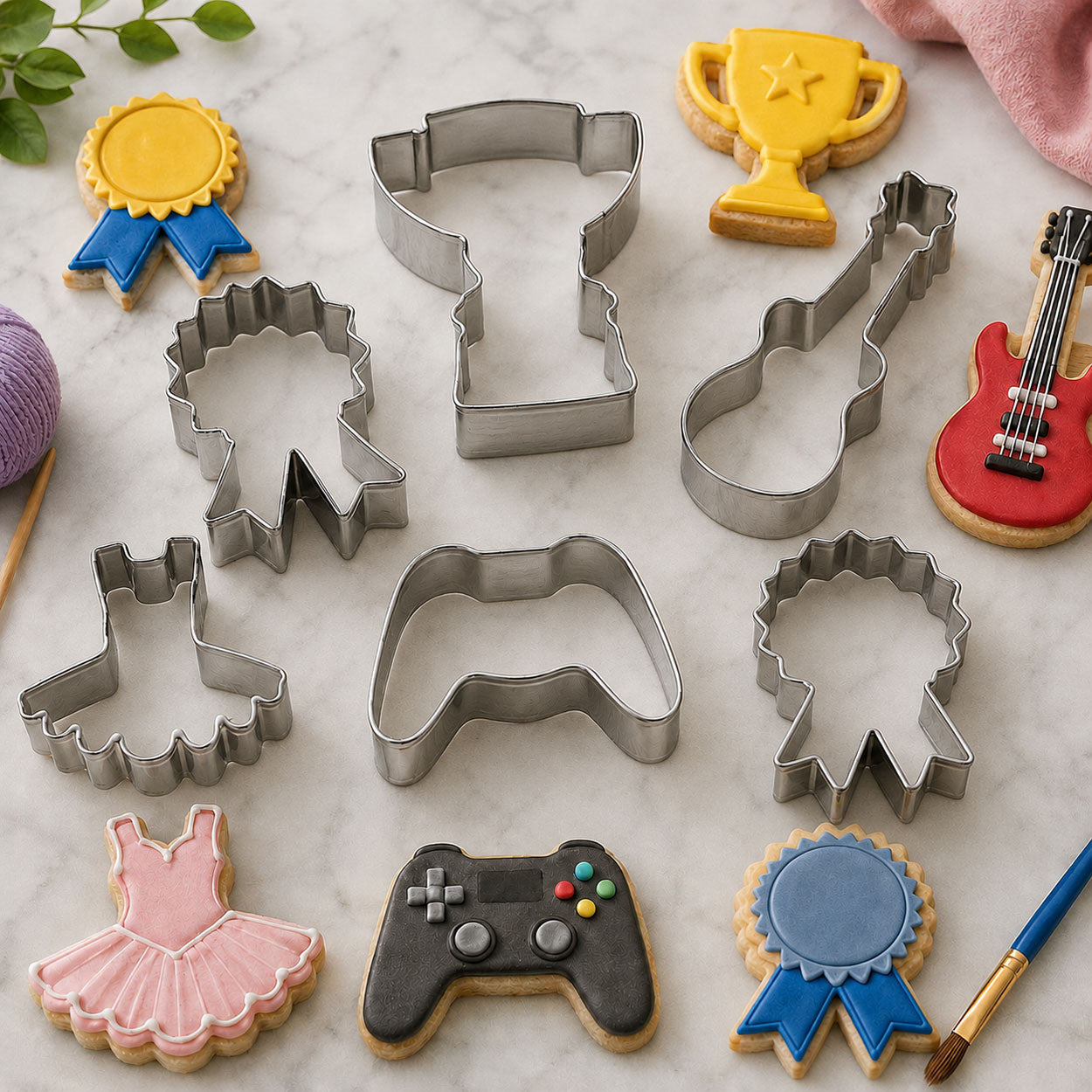 Cookie cutters shaped like a trophy, guitar, award ribbon, ballet dress, game controller, and medal with decorated cookies.