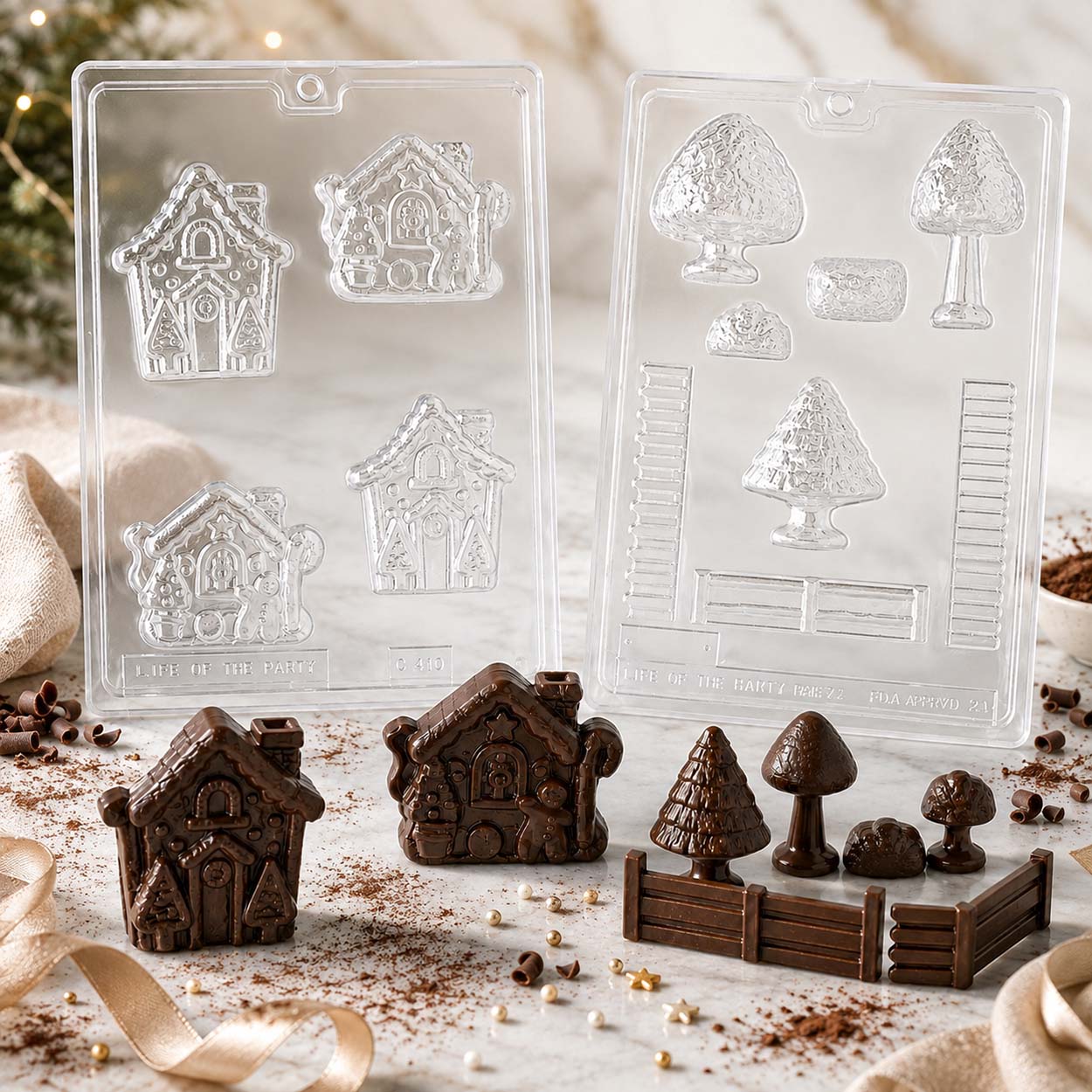 Christmas chocolate molds featuring gingerbread houses, pine trees, mushrooms and fence pieces with finished chocolates for holiday treats.
