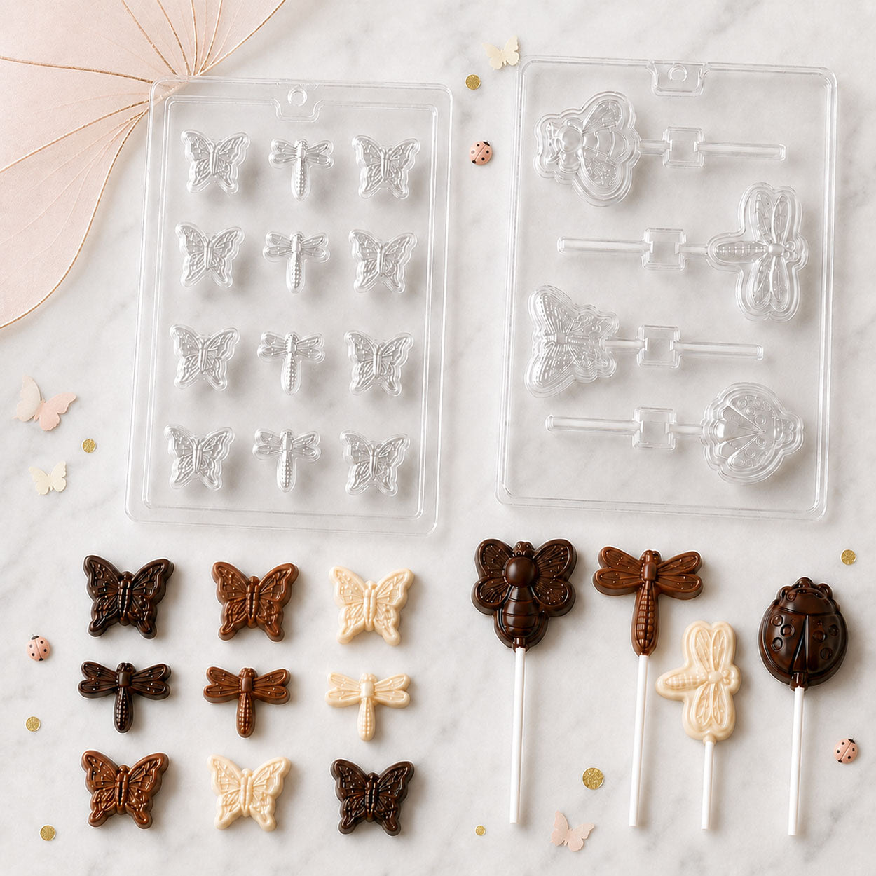 Chocolate molds for butterflies, dragonflies, bees, and ladybugs with finished chocolate candies and insect lollipops in milk, dark, and white chocolate.