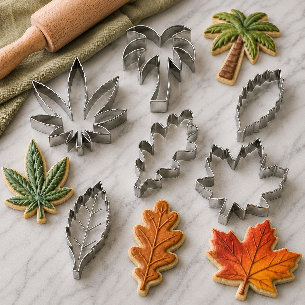 Leaf-shaped cookie cutters and decorated cookies featuring maple, oak, palm, and cannabis leaves arranged on a marble baking surface.