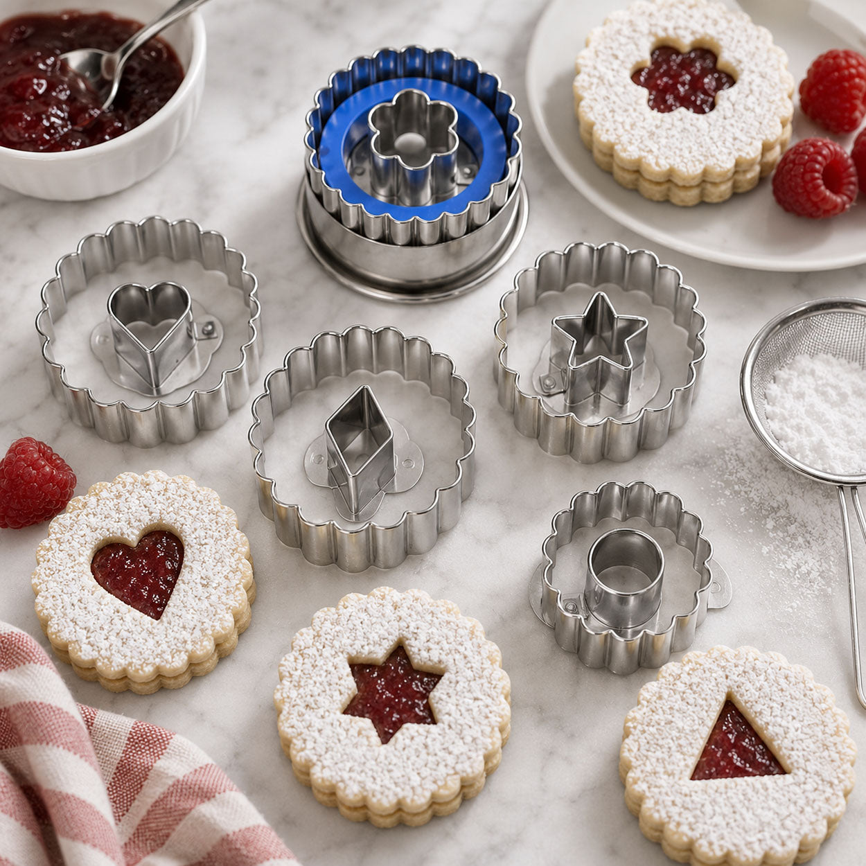 Linzer cookie cutters with heart, star, flower, circle, and diamond center shapes displayed alongside raspberry jam-filled sandwich cookies dusted with powdered sugar.