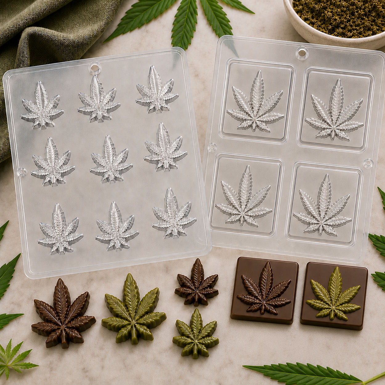 Cannabis leaf chocolate molds with small leaf pieces and square chocolate bars, displayed with finished milk and green chocolate candies.