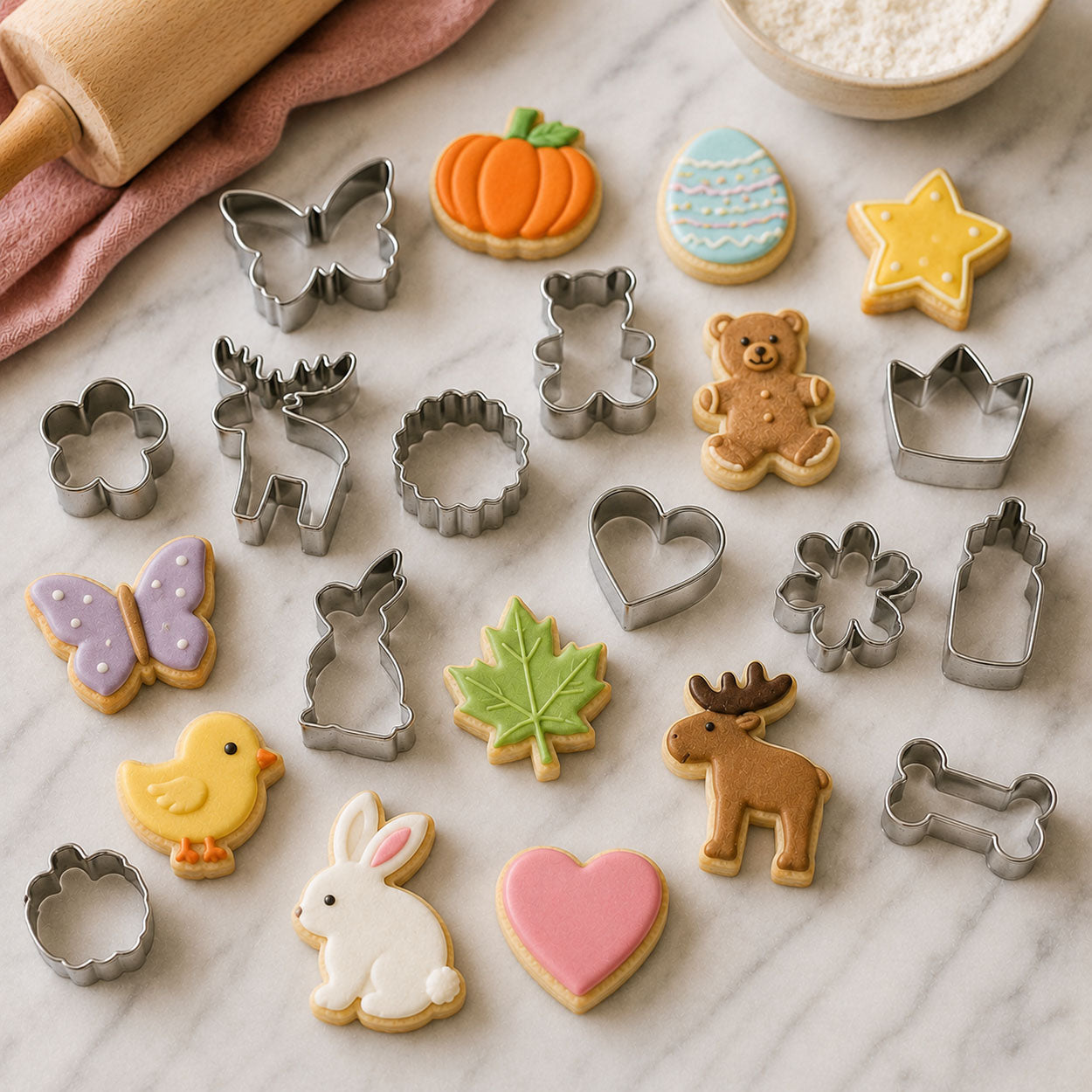 Assorted cookie cutters and decorated cookies shaped like animals, flowers, hearts, stars, leaves, and seasonal designs on a marble surface.