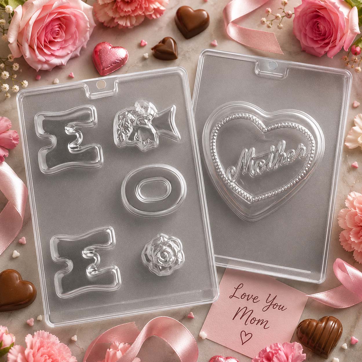 Mother's Day chocolate molds with "Mother" heart, I Love You puzzle pieces, flowers and finished chocolates on a floral pink background.