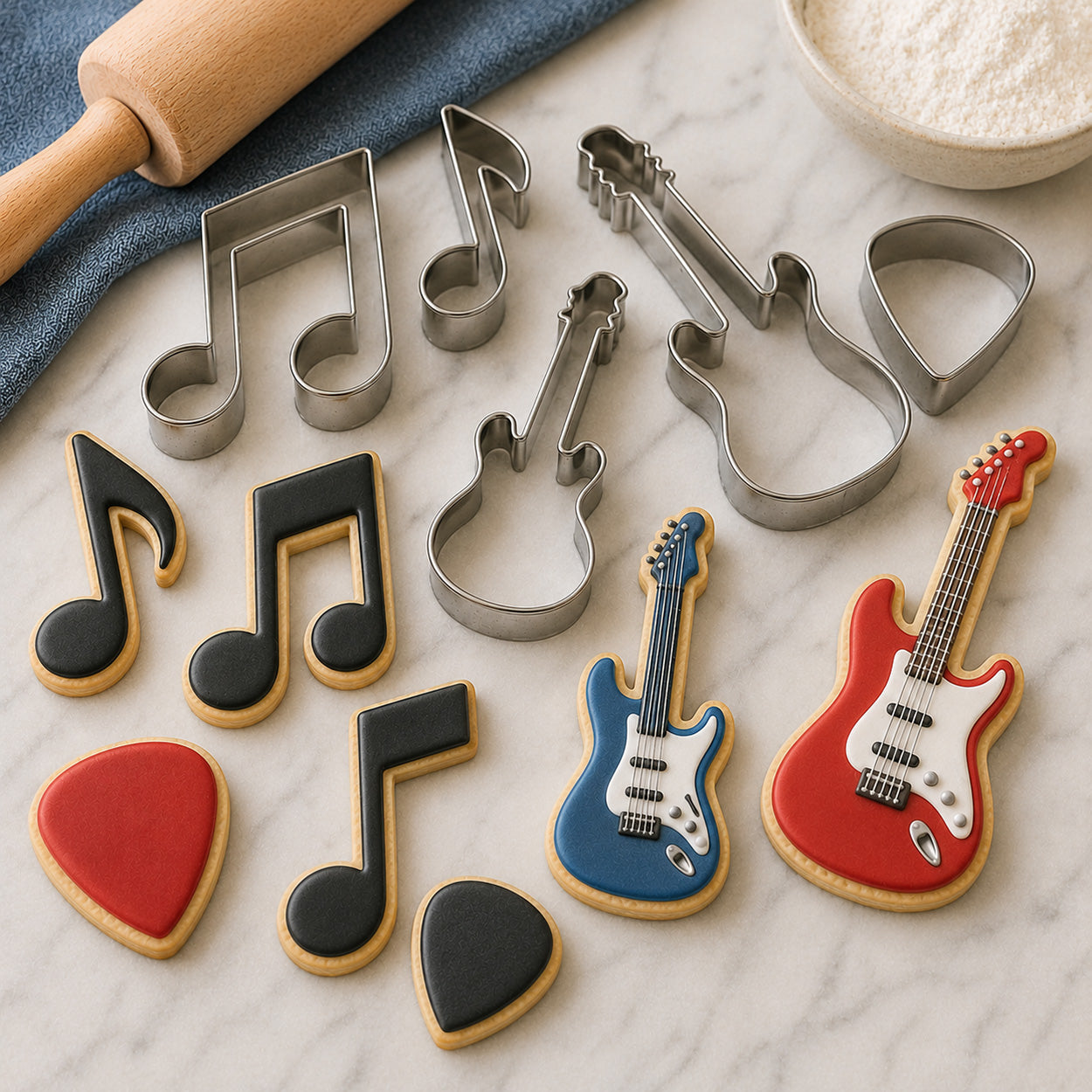 Music-themed cookie cutters and decorated cookies shaped like electric guitars, musical notes, and guitar picks arranged on a marble baking surface.