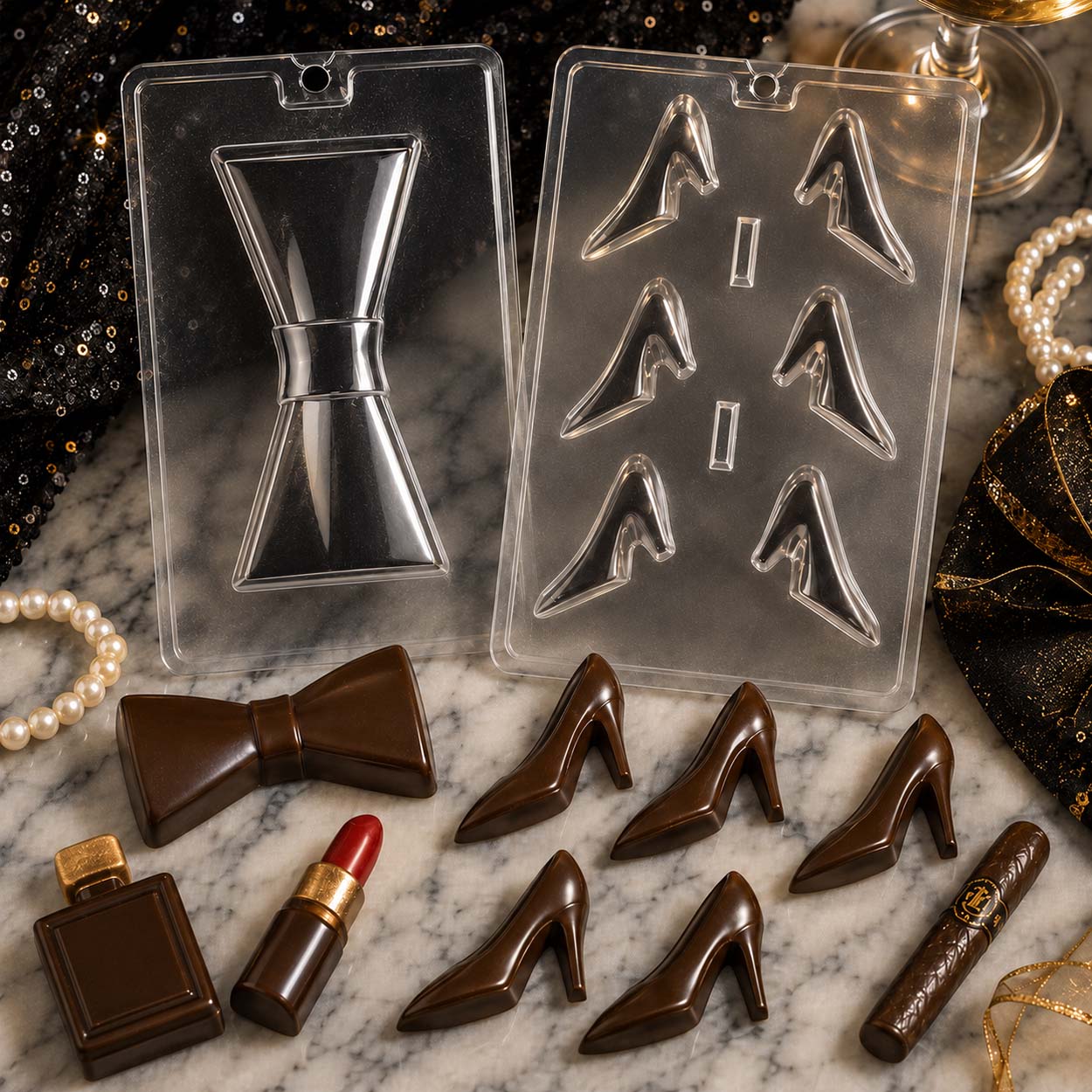 Bow tie and high heel chocolate molds with finished chocolate bow tie, stiletto shoes, lipstick, perfume bottle, and cigar candies.