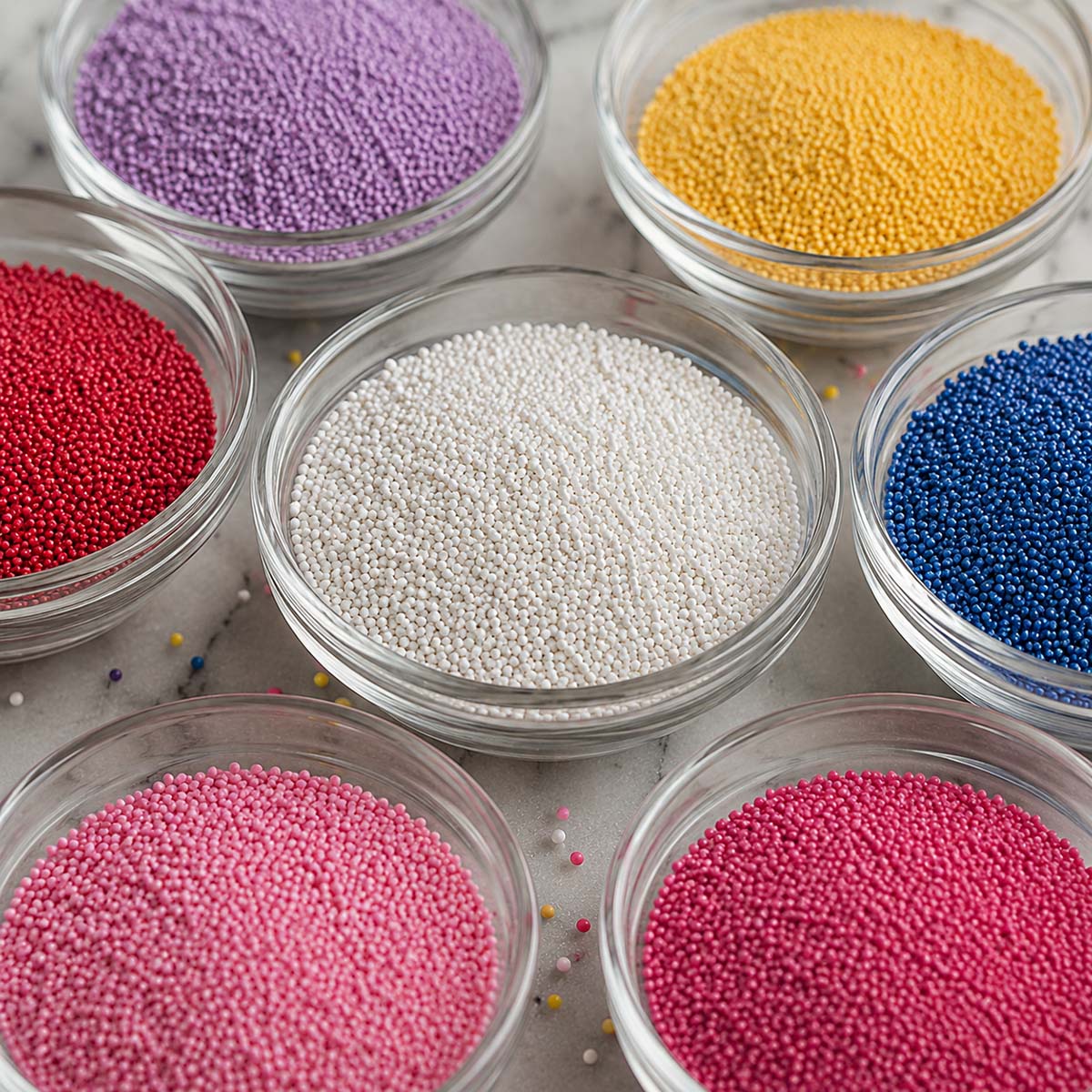 Glass bowls of colorful nonpareil sprinkles in white, pink, red, purple, yellow, and blue for cake decorating.