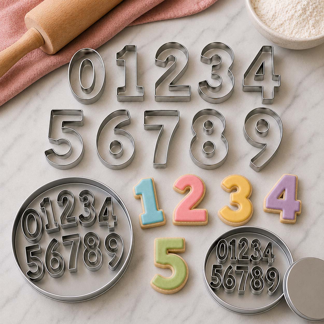 Number cookie cutters from 0 to 9 with colorful decorated number cookies arranged on a marble baking surface with rolling pin and flour.
