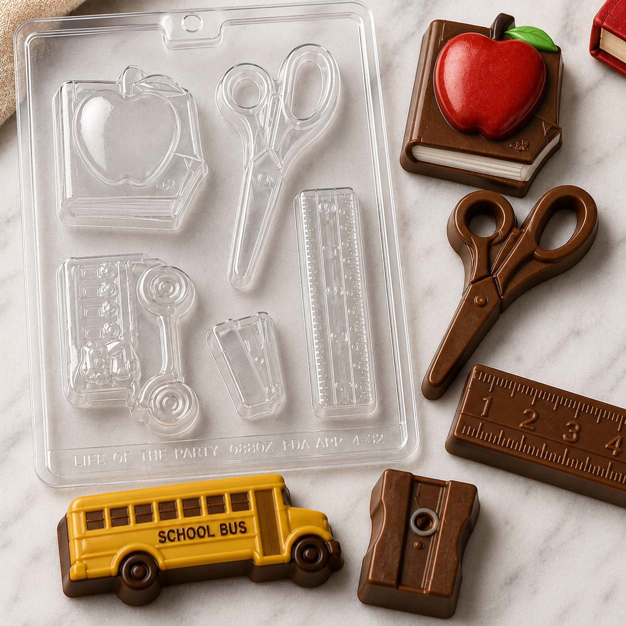 Teacher's kit chocolate mold with finished chocolate book, scissors, ruler, school bus, and pencil sharpener candies on a marble surface.