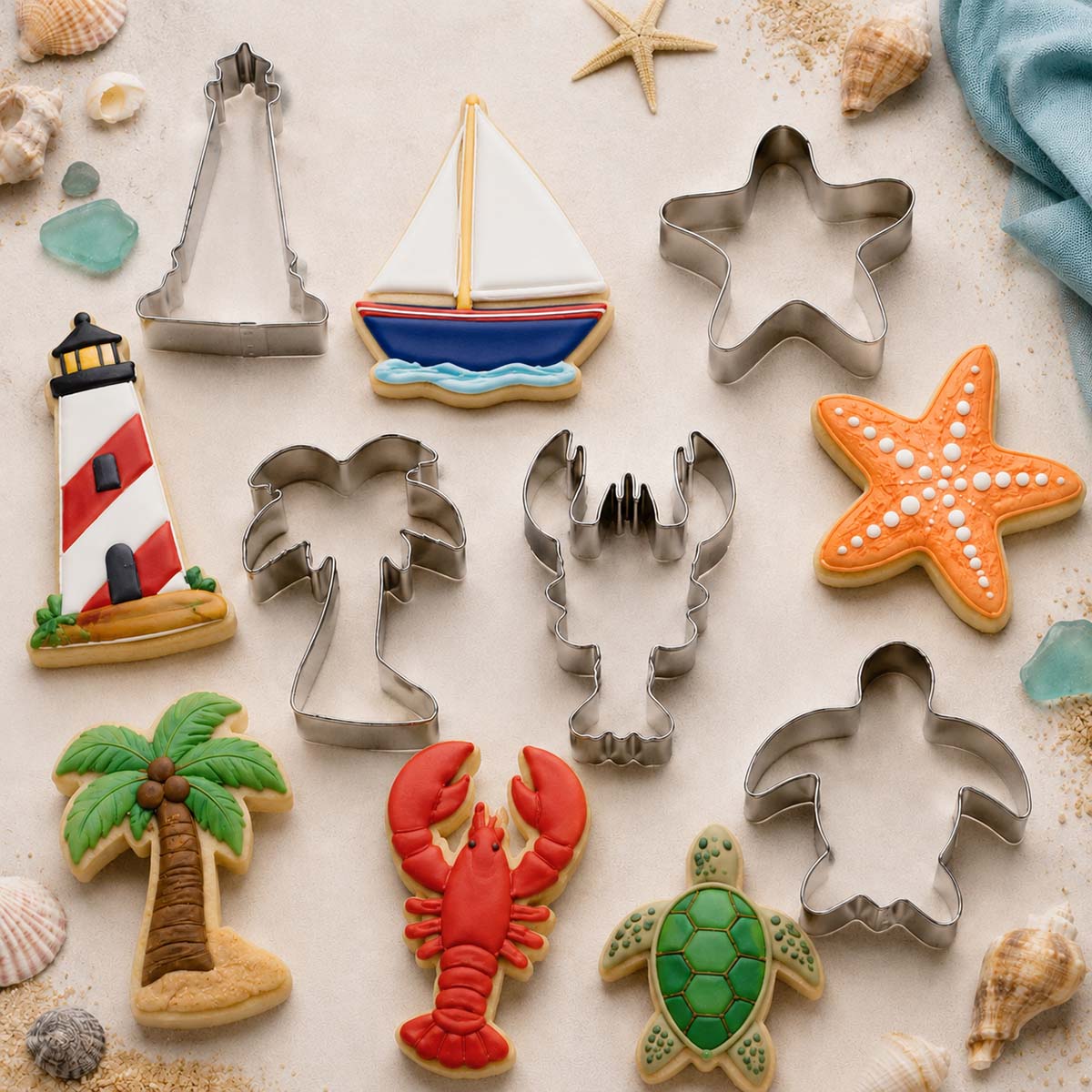 Beach-themed cookie cutters and decorated cookies shaped like a lighthouse, sailboat, starfish, palm tree, lobster, and sea turtle on a sandy backdrop.