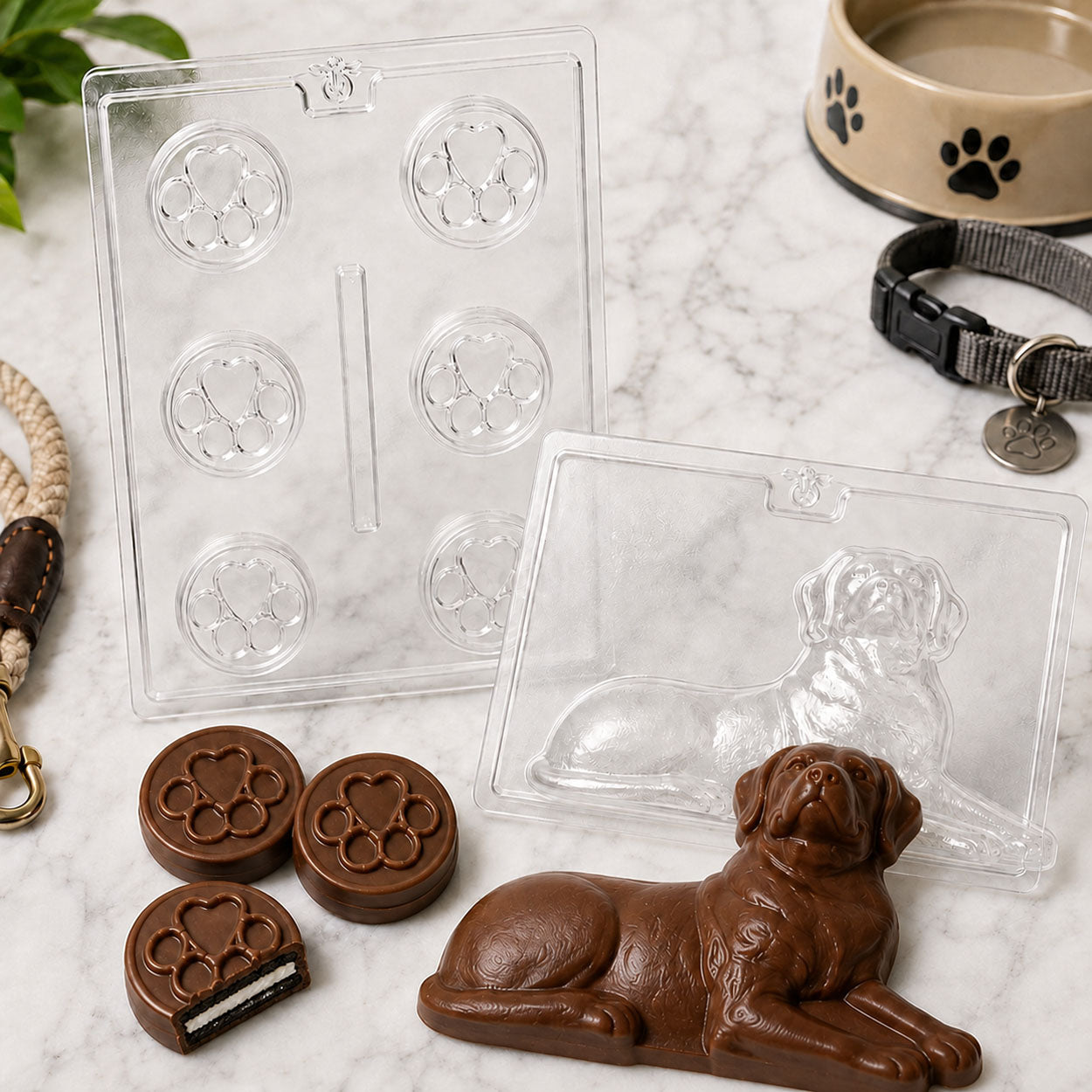 Dog-themed chocolate molds featuring a reclining dog and heart paw print sandwich cookies, displayed with finished milk chocolate treats.