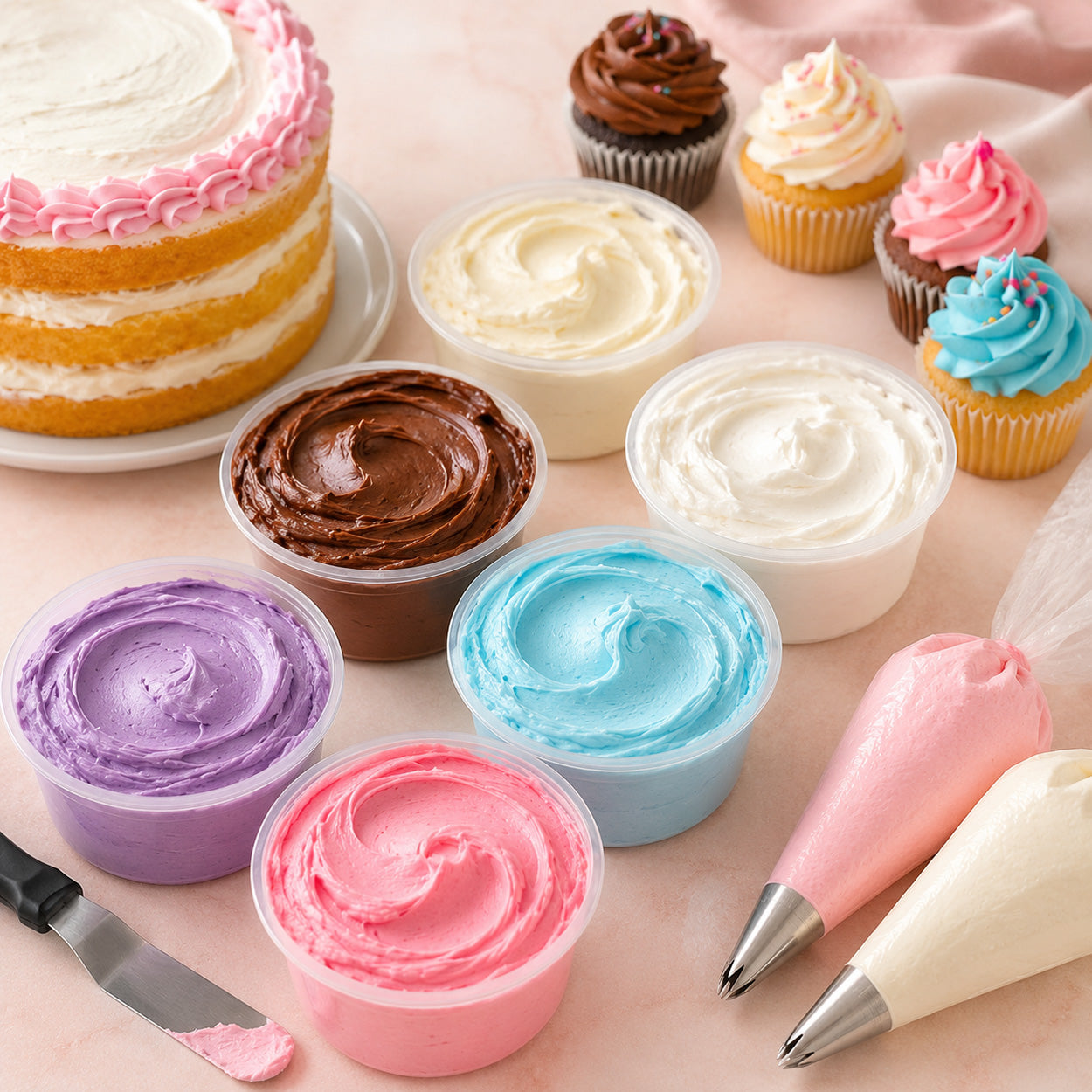 Cake decorating setup with pastel buttercream, cupcakes, piping bags, spatula, and frosted layer cake.