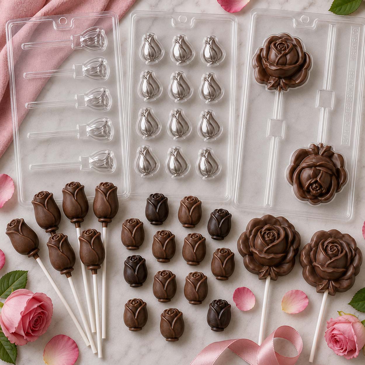 Rose chocolate molds with rosebud candies, rose lollipops and finished milk and dark chocolates displayed on a marble surface.