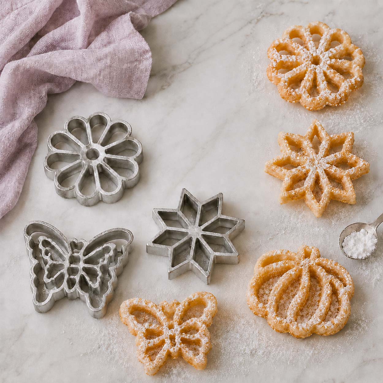 Stainless steel rosette, snowflake, butterfly, and pumpkin pastry molds displayed beside finished fried pastries dusted with powdered sugar on a marble surface.