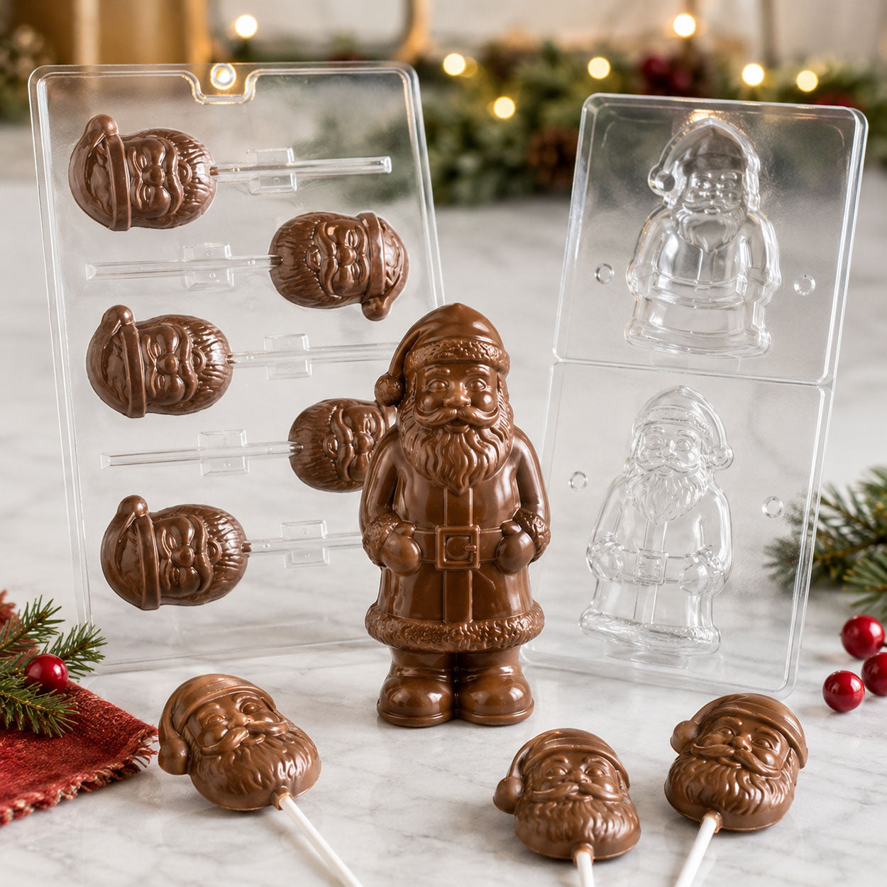 Santa chocolate molds with Santa lollipops and solid Santa chocolates displayed on a festive marble surface with holiday décor.