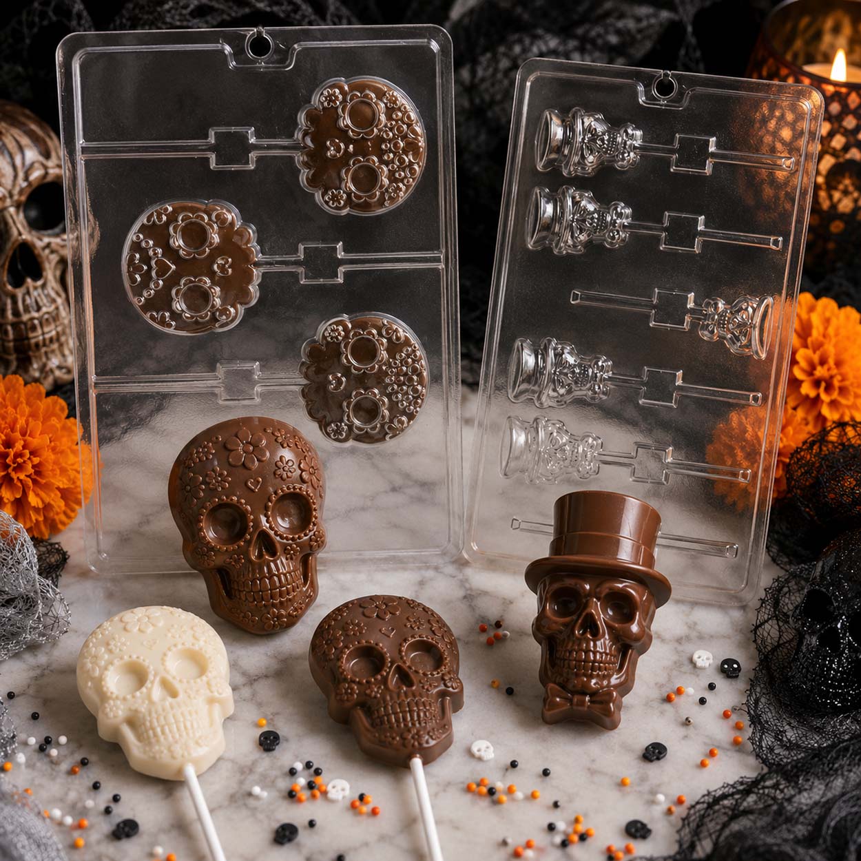 Halloween chocolate molds with sugar skull and skull top hat designs, plus skull lollipops and chocolates on a spooky marble display.