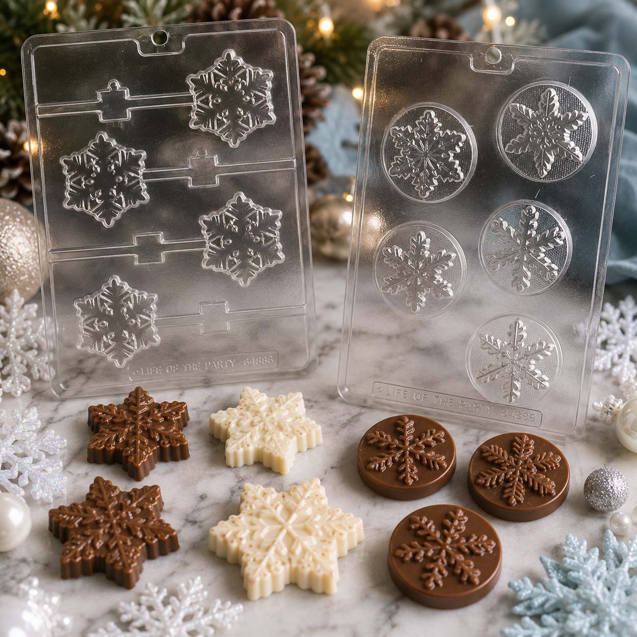 Christmas chocolate molds featuring snowflake lollipops and snowflake candy coins with finished milk and white chocolate treats on a festive display.