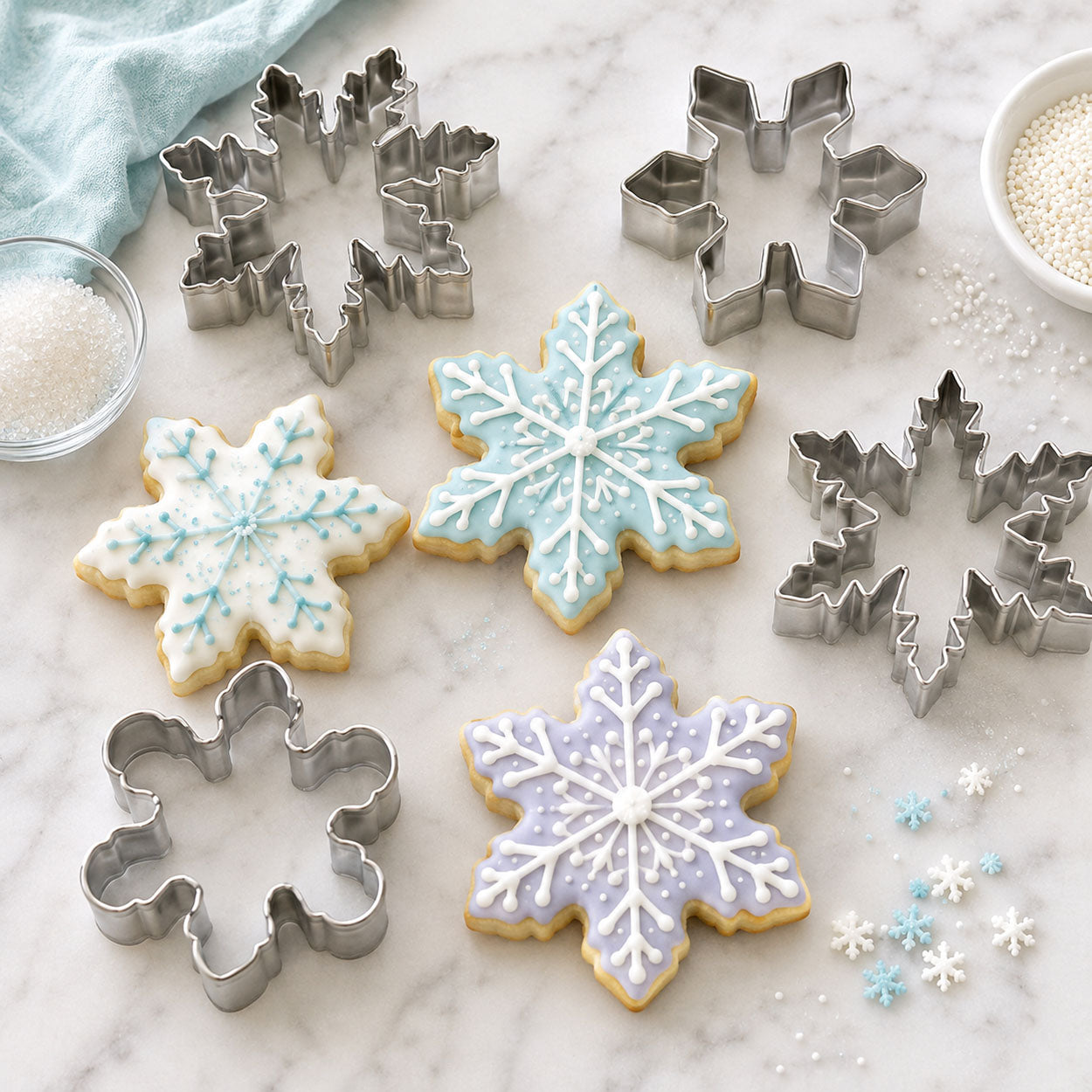 Snowflake cookie cutters and decorated snowflake cookies in icy blue, white, and lavender with detailed royal icing designs.