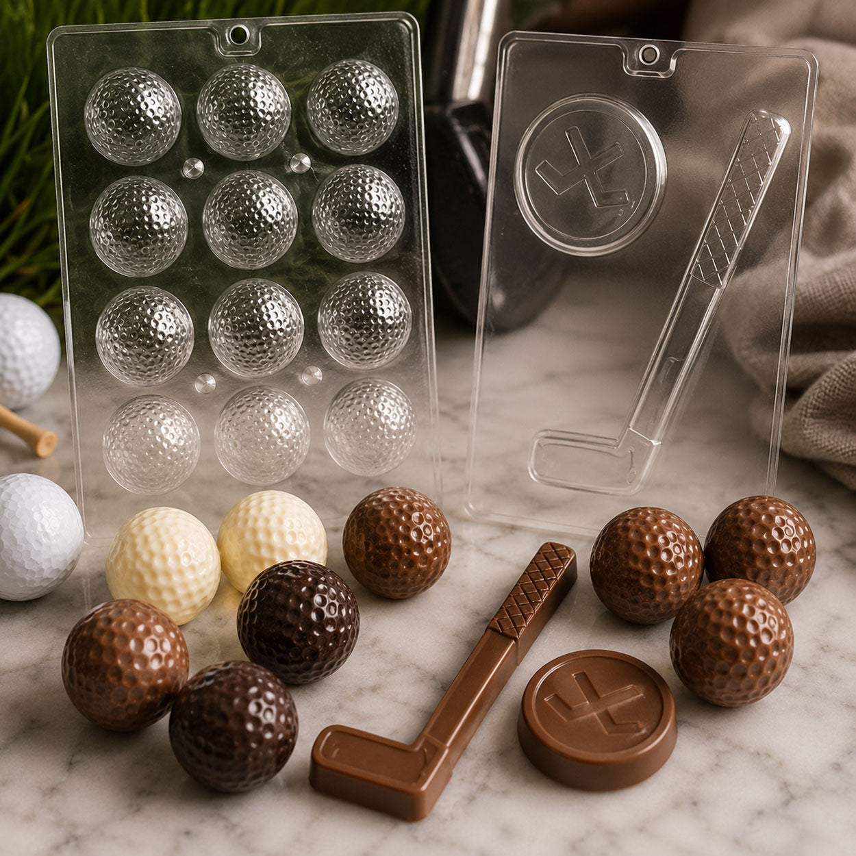 Sports chocolate molds featuring golf balls, hockey stick lollipop, and hockey puck chocolates with finished milk, dark, and white chocolate treats.