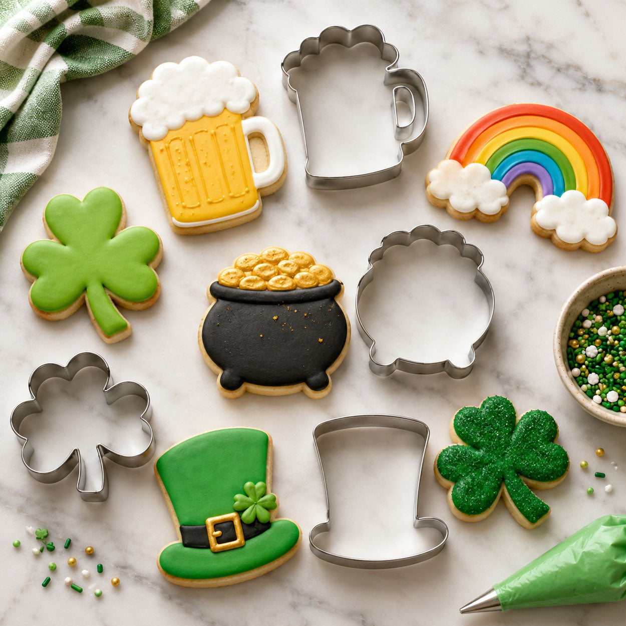 St. Patrick’s Day cookie cutters and decorated cookies featuring a shamrock, leprechaun hat, beer mug, pot of gold, and rainbow.