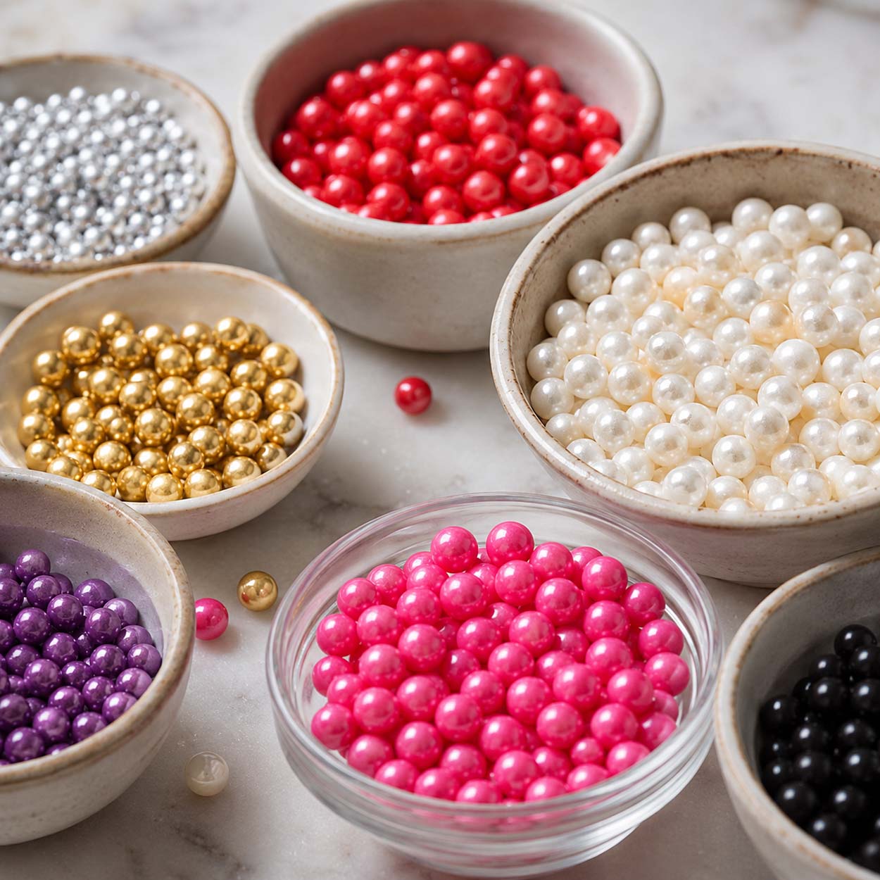Bowls of colorful candy pearls in white, gold, silver, red, pink, purple, and black for cake decorating.