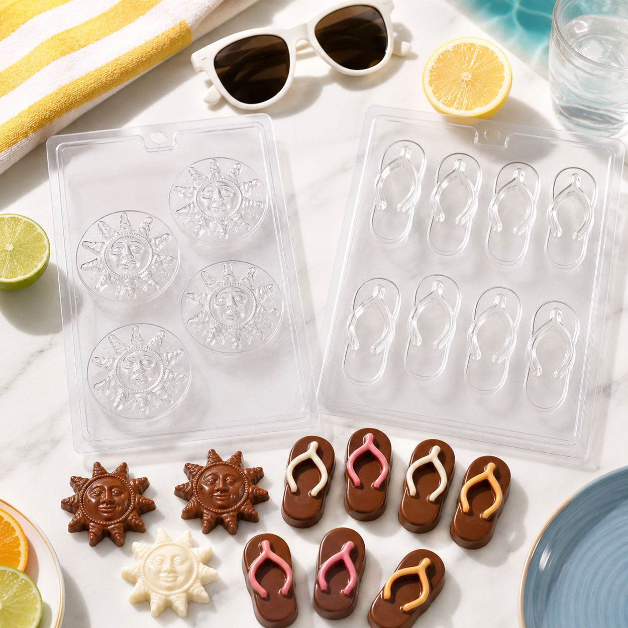 Summer chocolate molds featuring sun faces and flip-flops with finished chocolate candies, styled with citrus, sunglasses, and beach décor.