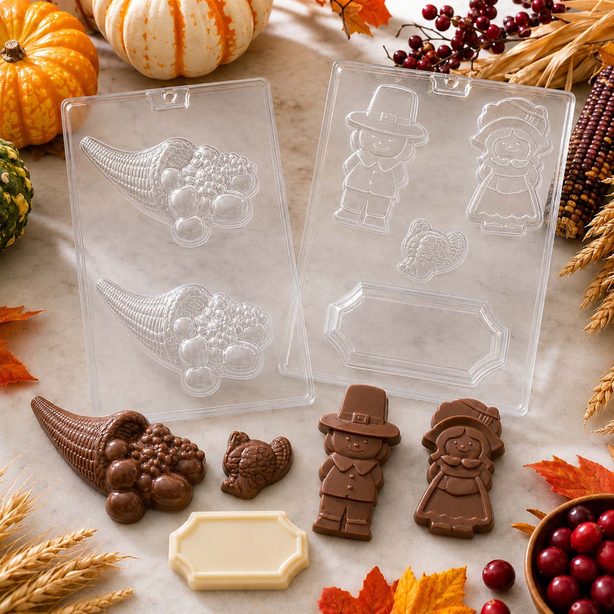 Thanksgiving chocolate molds featuring cornucopias, pilgrim couple, turkey and plaque, with finished milk and white chocolate candies.