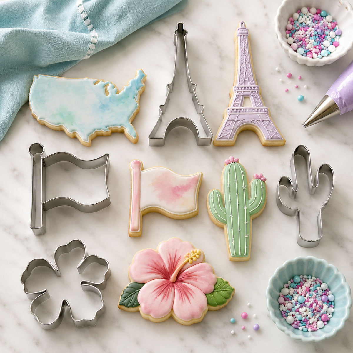 Travel-themed cookie cutters and decorated cookies shaped like the Eiffel Tower, USA map, flag, cactus, and hibiscus flower.