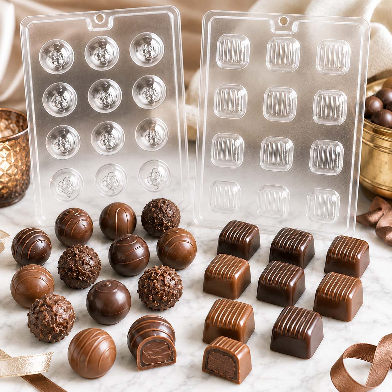 Truffle and bon bon chocolate molds with round truffles and square bonbons, featuring finished milk and dark chocolate candies on a marble surface.