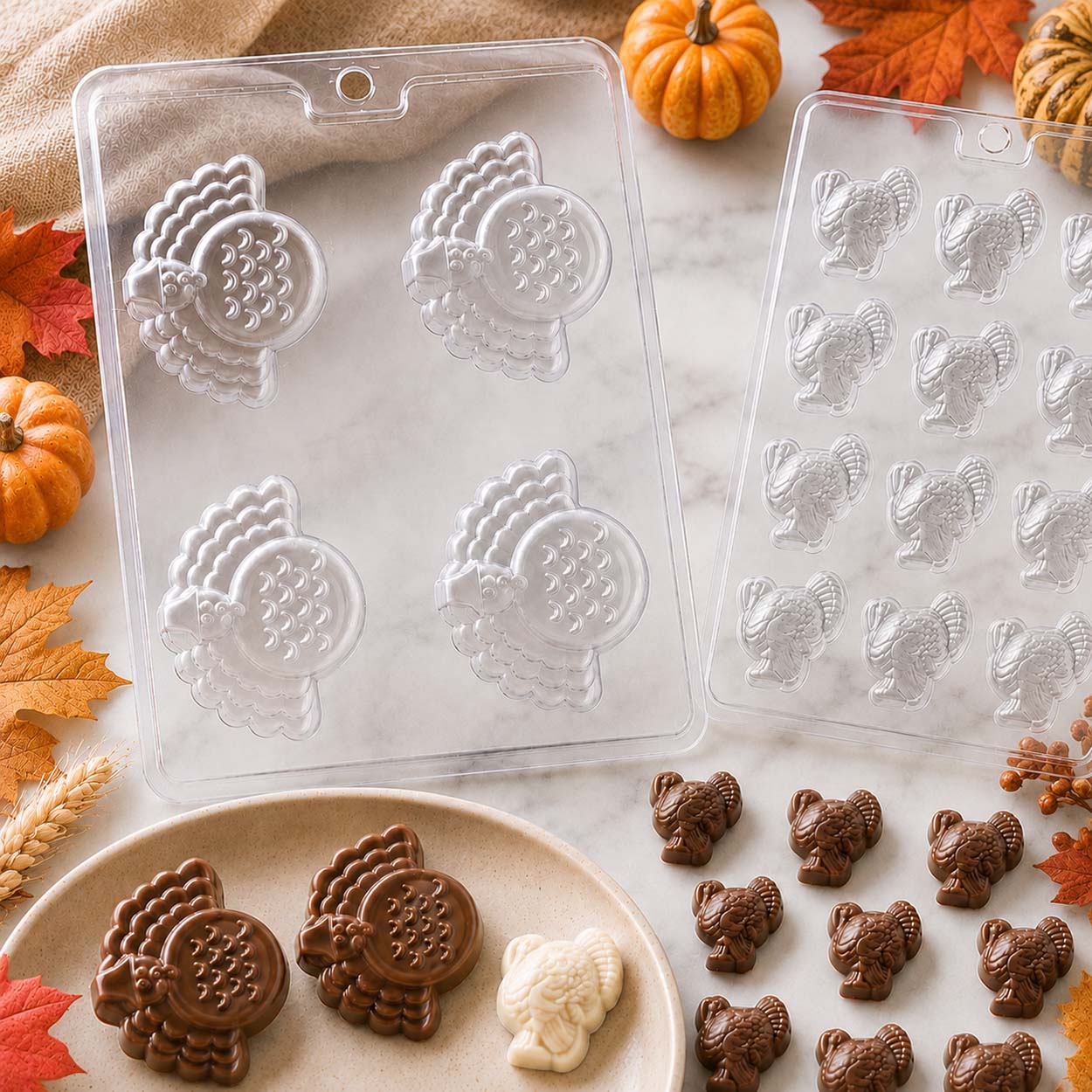 Turkey chocolate molds with finished large and mini turkey chocolates in milk and white chocolate, styled with pumpkins and fall leaves on marble.