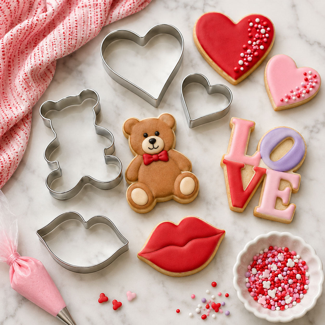 Valentine’s Day cookie cutters and decorated cookies featuring hearts, teddy bear, lips, and LOVE shapes with pink and red icing.