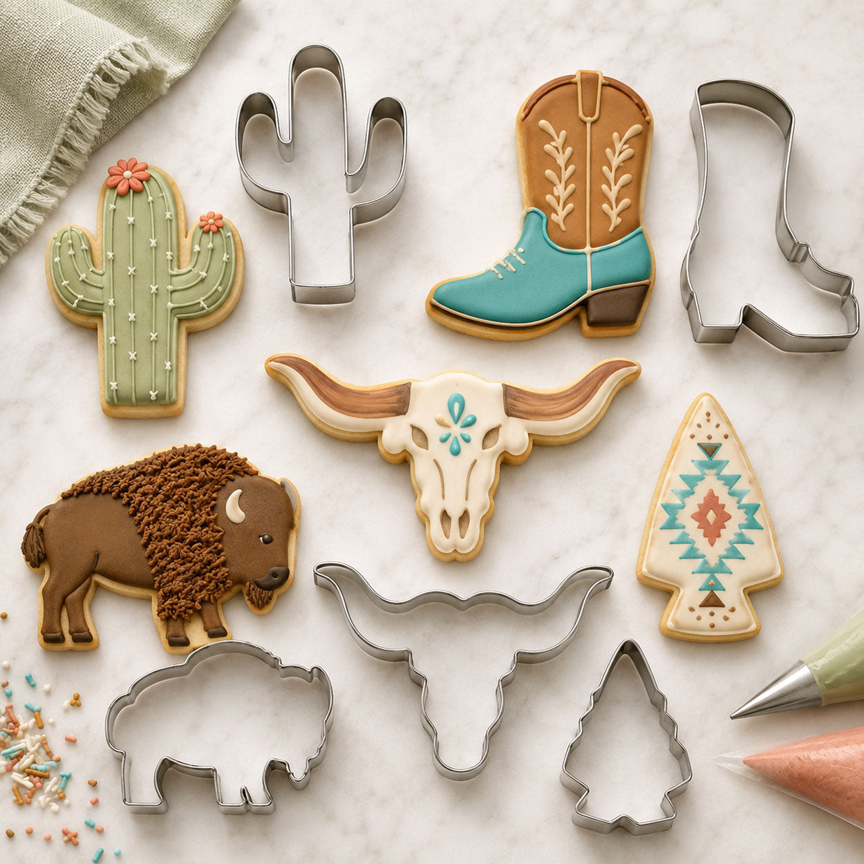 Southwest cookie cutters and decorated cookies featuring cactus, cowboy boot, Texas longhorn skull, bison, and arrowhead shapes.