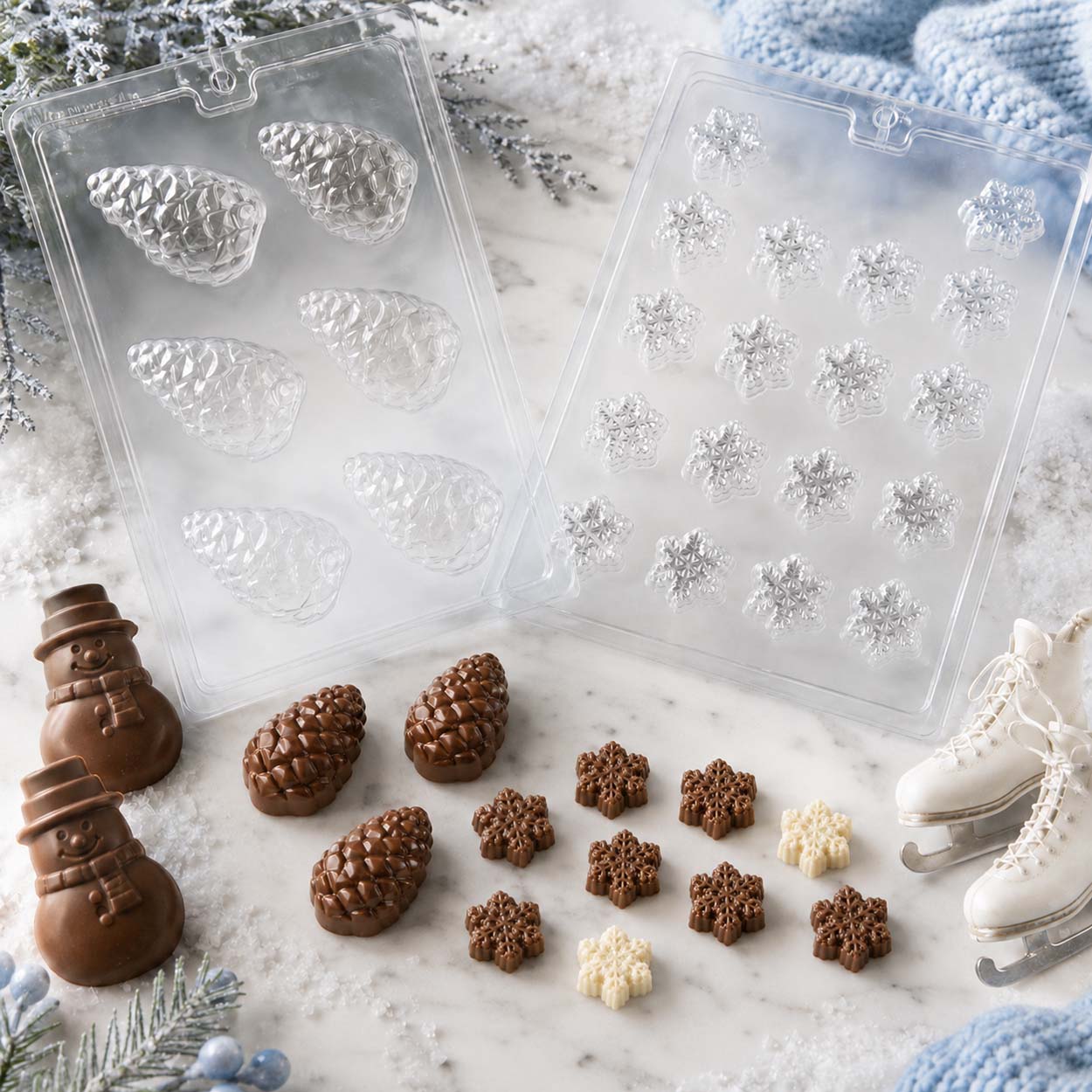 Winter chocolate molds featuring pinecones and snowflakes, displayed with finished milk and white chocolate candies in a festive holiday setting.