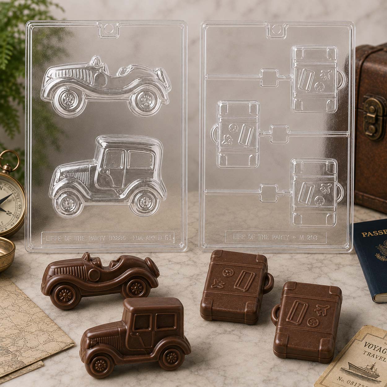Travel-themed chocolate molds with vintage cars and suitcase lollipops, displayed with finished chocolates, maps, passport and travel accessories.