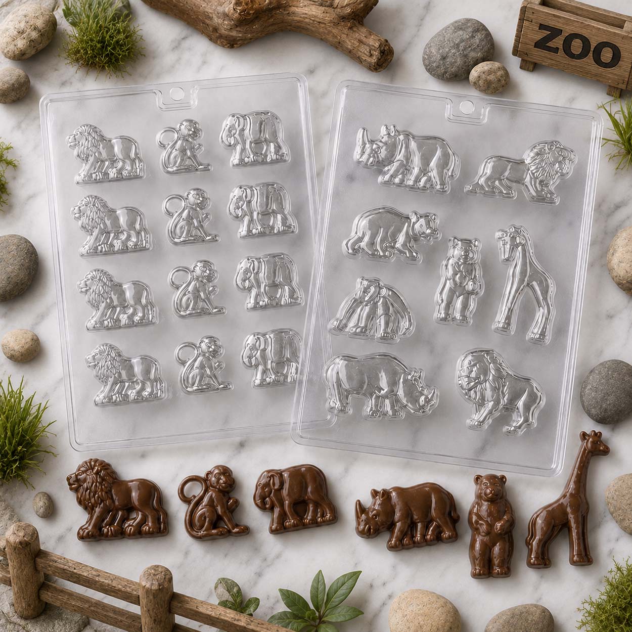 Zoo animal chocolate molds featuring lions, monkeys, elephants, rhinos, bears and giraffes, displayed with finished milk chocolate treats.