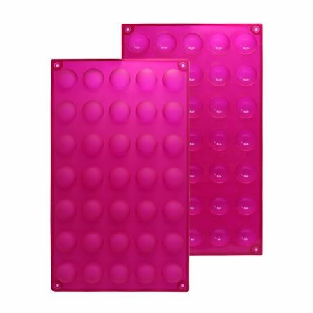 Two bright pink silicone candy molds with 35 round cavities each, ideal for making chocolates, gummies, caramels, and small desserts.