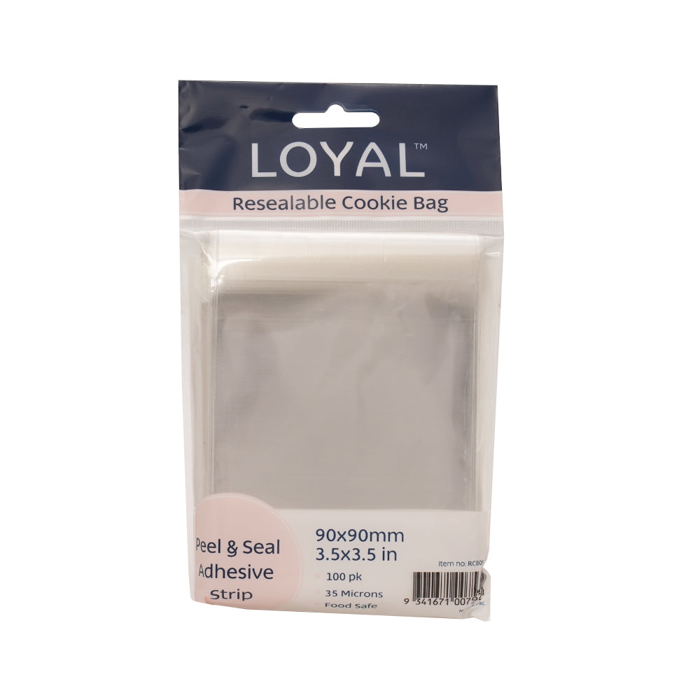 LOYAL resealable cookie bag package with navy header and clear bags inside, labeled 90 x 90 mm (3.5 x 3.5 in) with peel and seal adhesive strip and 100 pack.