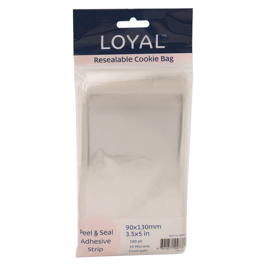 Clear LOYAL resealable cookie bag package with navy header label, showing a stack of transparent bags inside and printed size 90 x 130 mm (3.5 x 5 in).