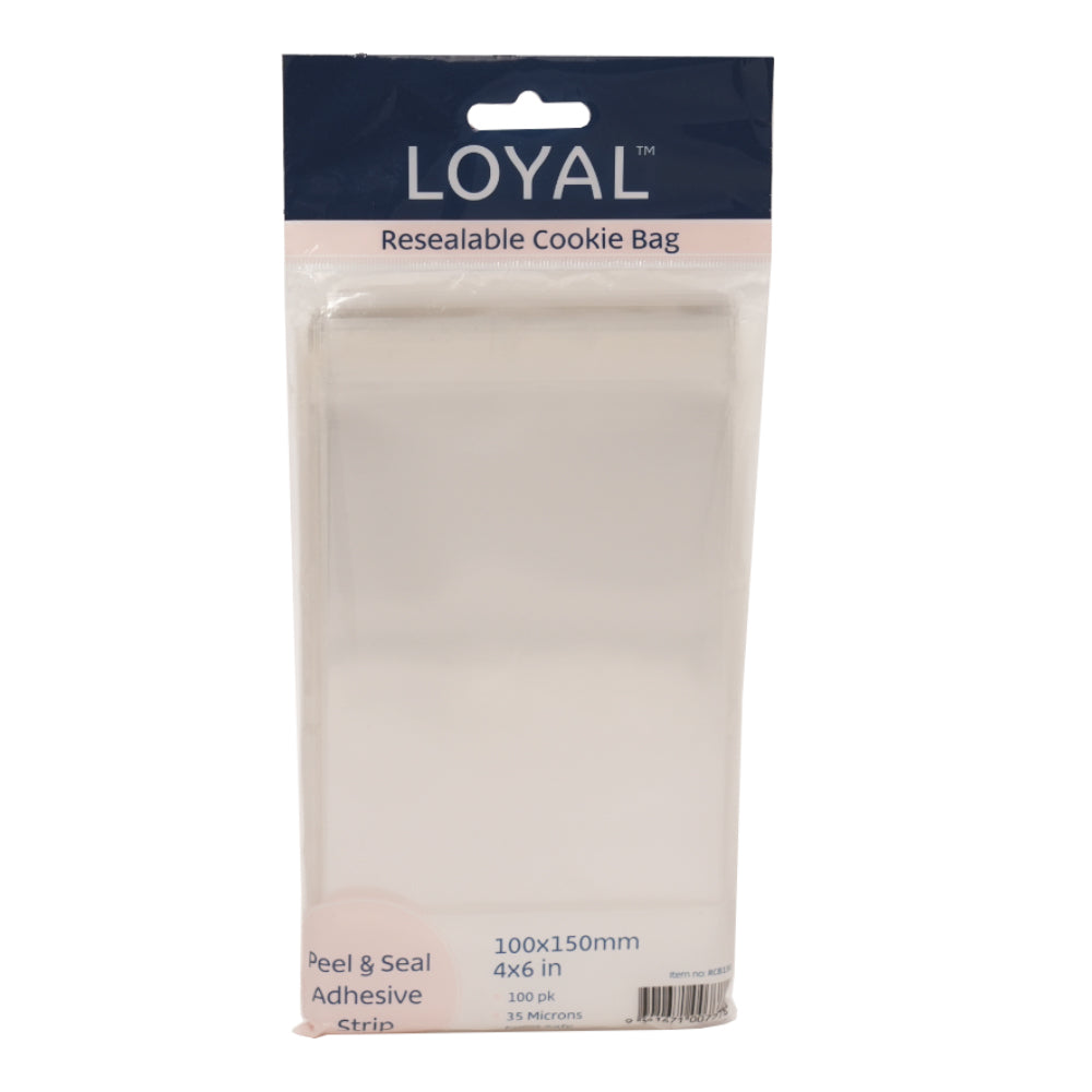 LOYAL resealable cookie bag package with navy header and clear bags inside, labeled 100 x 150 mm (4 x 6 in) with peel and seal adhesive strip and 100 pack.