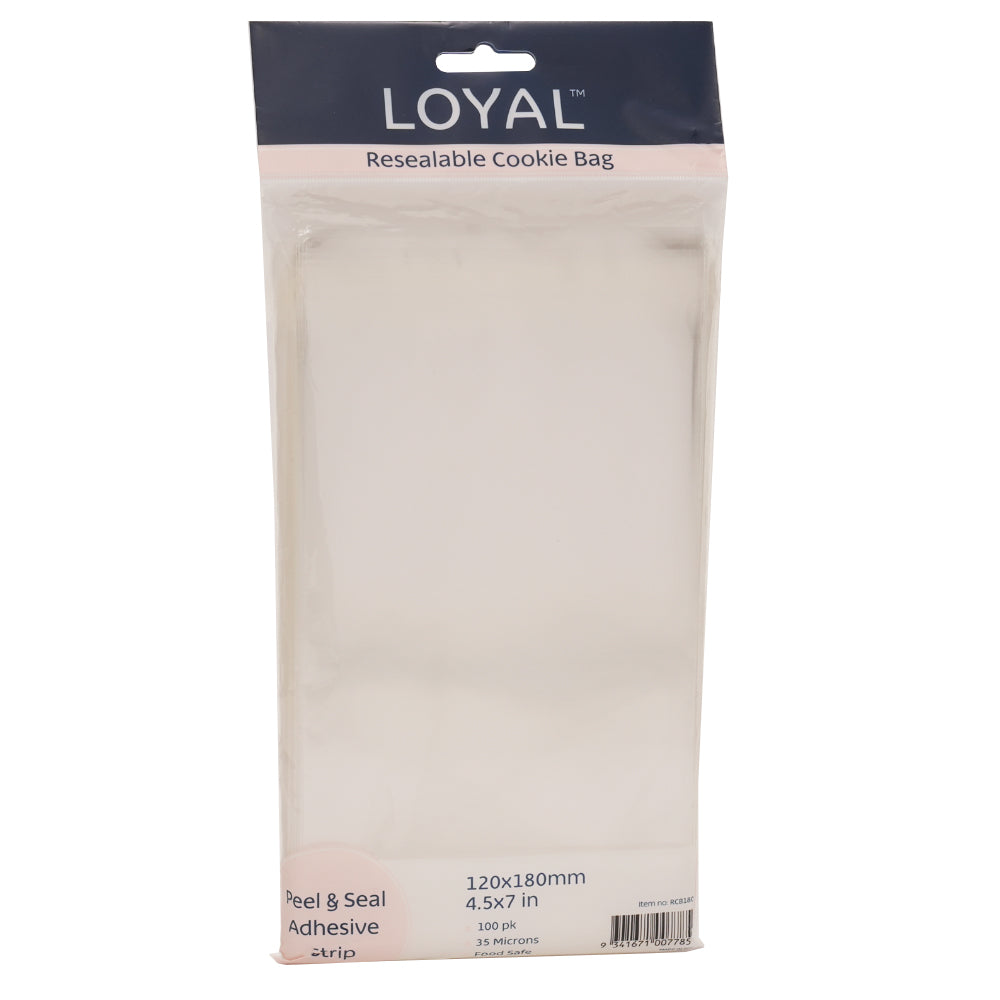 LOYAL resealable cookie bag package with navy header and clear bags inside, labeled 120 x 180 mm (4.5 x 7 in) with peel and seal adhesive strip and 100 pack.