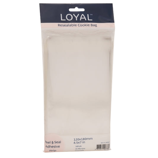 LOYAL resealable cookie bag package with navy header and clear bags inside, labeled 120 x 180 mm (4.5 x 7 in) with peel and seal adhesive strip and 100 pack.
