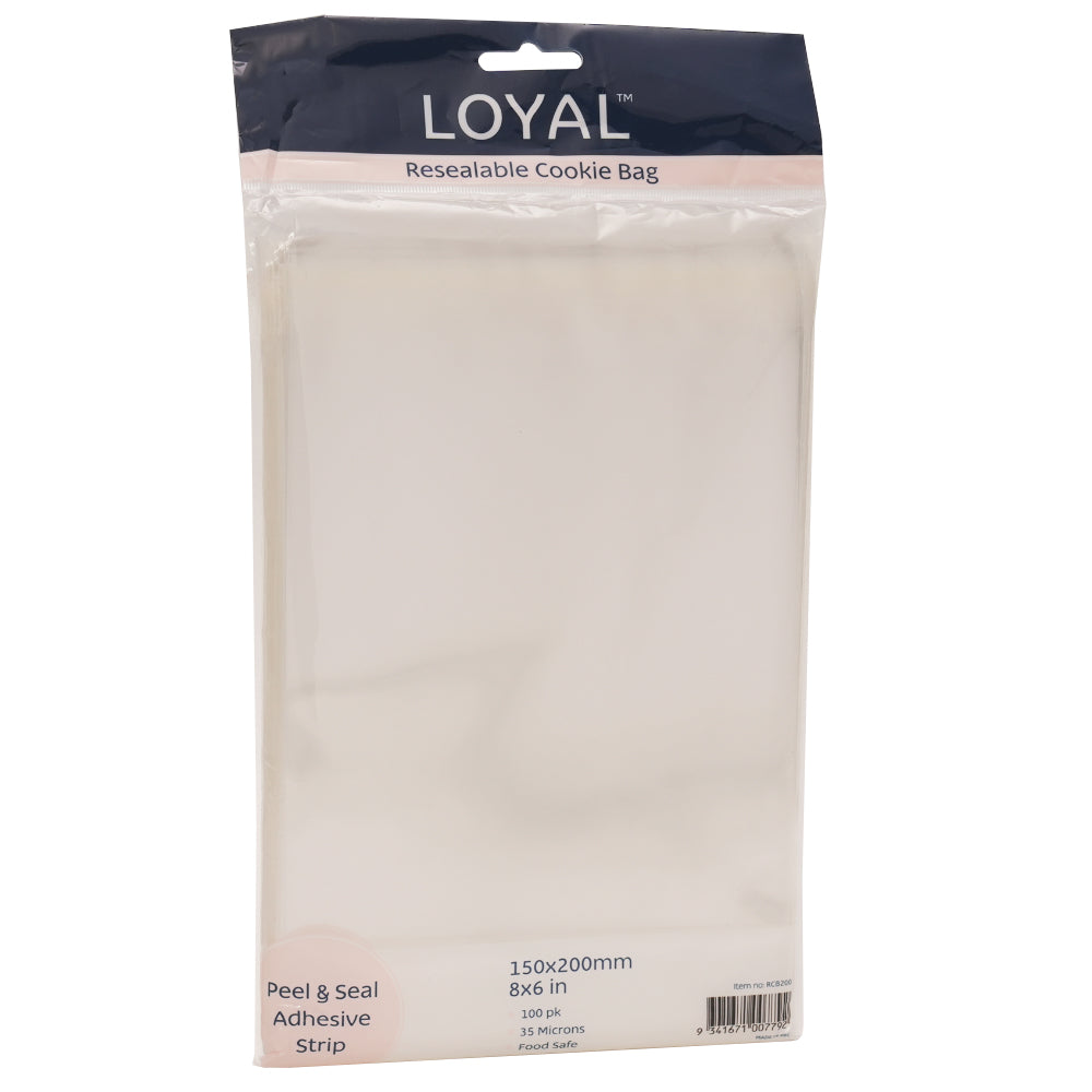 LOYAL resealable cookie bag package with navy header and clear bags inside, labeled 150 x 200 mm (8 x 6 in) with peel and seal adhesive strip and 100 pack.