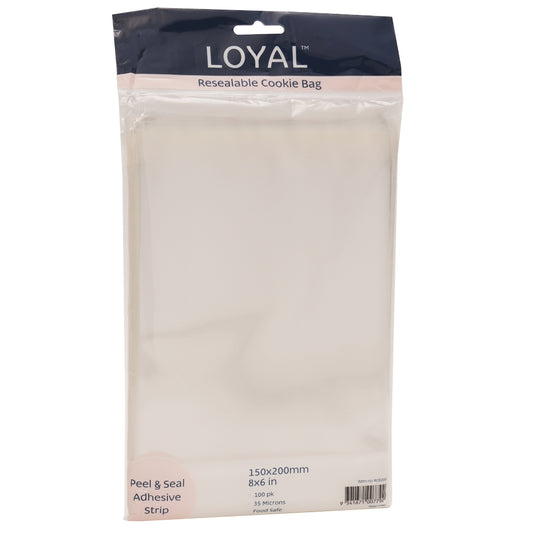 LOYAL resealable cookie bag package with navy header and clear bags inside, labeled 150 x 200 mm (8 x 6 in) with peel and seal adhesive strip and 100 pack.