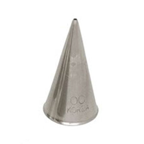 Metal piping tip for cake decorating, size 00, with a narrow round opening for fine icing details and lettering.