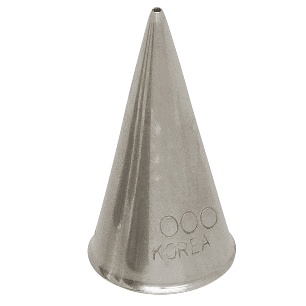 Close-up of stainless steel piping tip number 000 with ultra-fine opening for detailed cake and cookie decorating.