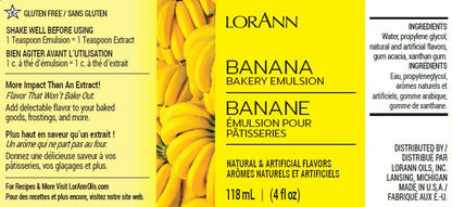 Product label depicting LorAnn Oils Banana Bakery Emulsion. It's a gluten-free flavoring agent with the claim of providing stronger flavor than traditional extracts. Ingredients include water, propylene glycol, natural and artificial flavors. The label encourages shaking well before use and includes usage directions in both English and French, with a 118 ml or 4 fl oz volume.